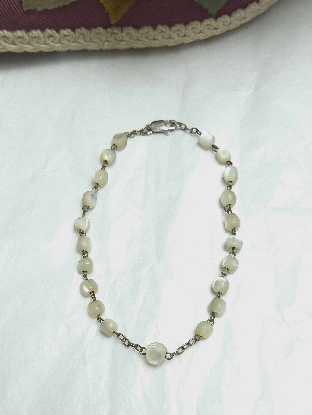 Antique Victorian Balamuti Mother of Pearl Beaded Sterling Silver Bracelet 8 1/4